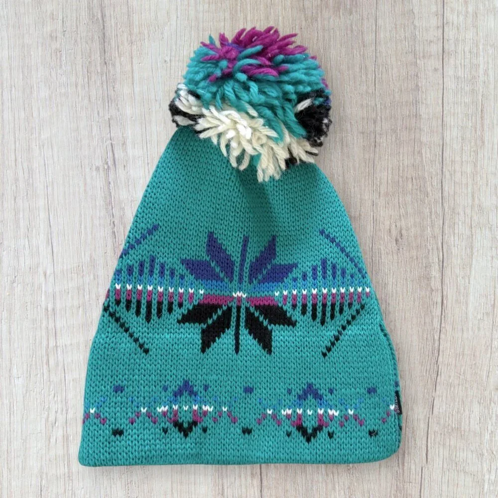 NEW Smiley 100% Wool Pom Beanie Green Fair Isle Knit Winter Hat Made in USA
